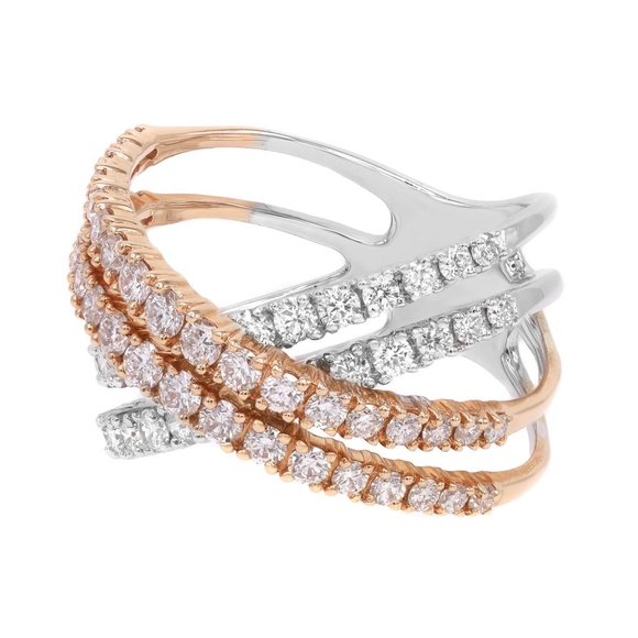 Natural Diamond Two Tone Crisscross Ring 18K White & Rose Gold 1.96Cttw Size 7 - Picture 2 of 6
